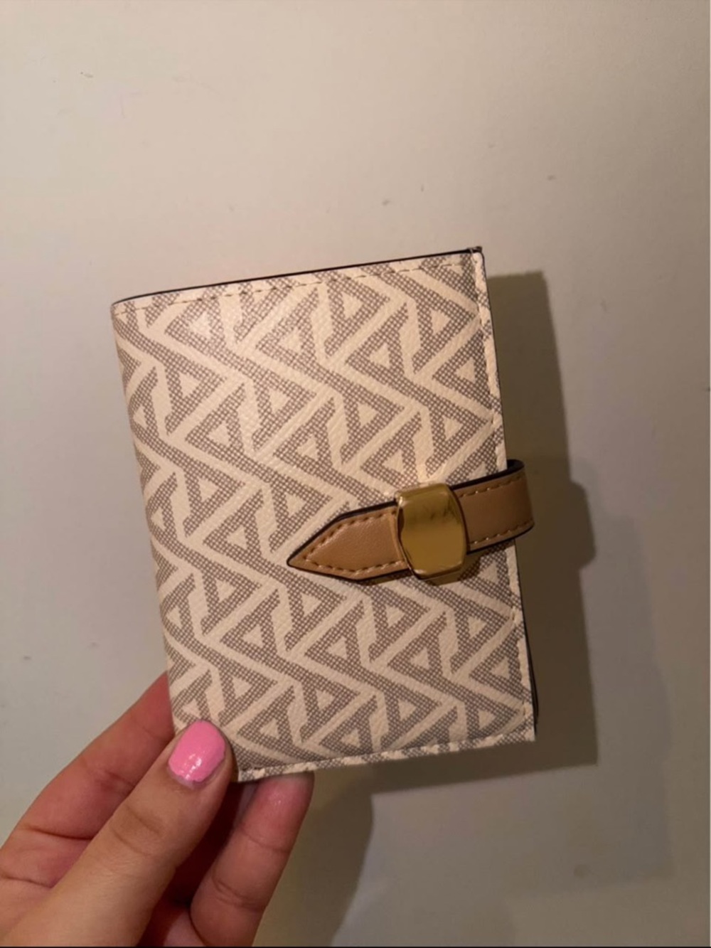 Aldo Beige Patterned Wallet with Tan Strap and Gold Tone Closure